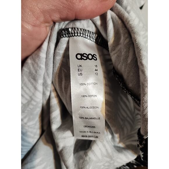 Asos Womens Mini Dress Cap Sleeve sz 12 Tropical Print Black White Palm Leaf - Picture 4 of 7